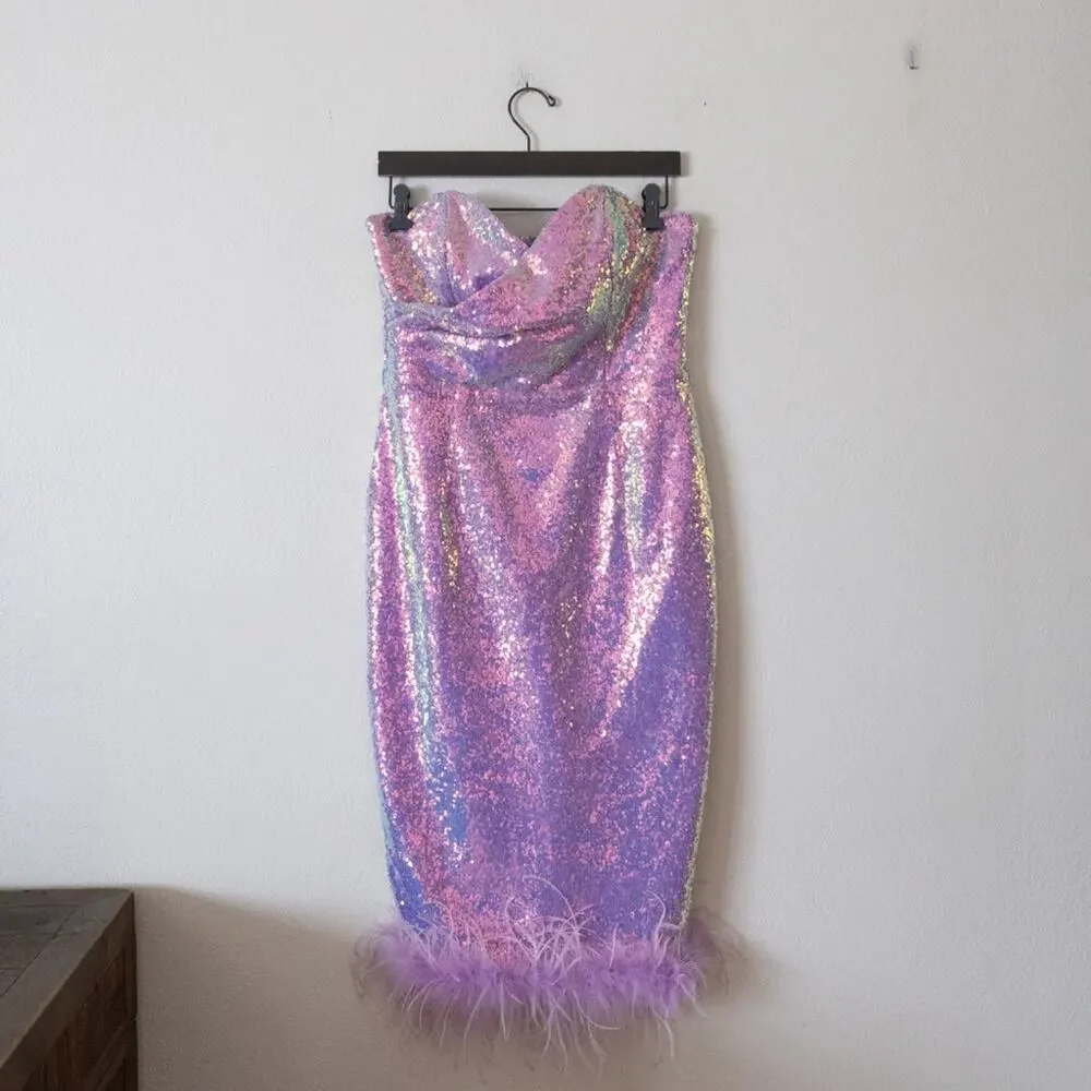 Lavish Alice Women's Purple Sequin Strapless Feather Trim Dress - Picture 2 of 6